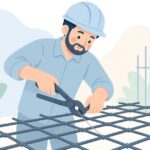 鉄筋工が強力ニッパーで結束線を切る様子をイメージしたイラスト