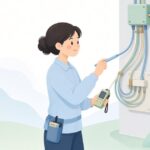 ケーブルトレーサーで屋外配線を探索する通信工事士の様子をイメージしたイラスト