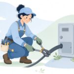 屋外配線作業でケーブルカッターを使う様子をイメージしたイラスト