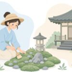寺の庭で苔をブラシで手入れする様子をイメージしたイラスト