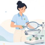 ストリングカッターでガットを切るテニスショップ店員の様子をイメージしたイラスト
