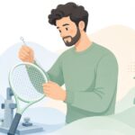 ガット通し針でラケットにストリングを通すストリンガーの様子をイメージしたイラスト