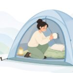 テントのメッシュを補修パッチで直す様子をイメージしたイラスト