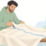 テントの縫い目にシームシーラーを塗る様子をイメージしたイラスト
