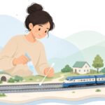 鉄道模型のレールに集電向上剤を塗る様子をイメージしたイラスト