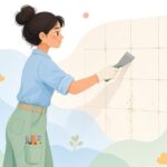 目地スクレーパーでタイルの目地を削る補修職人の様子をイメージしたイラスト