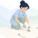 レベリングプライヤーでタイルの段差を調整する職人の様子をイメージしたイラスト