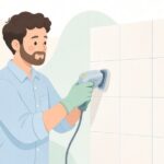 タイルバイブレーターで壁タイルを圧着する様子をイメージしたイラスト