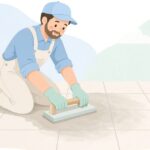 ゴム目地ゴテで床タイルに目地を入れる様子をイメージしたイラスト