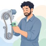 タイミングベルトの張力をゲージで測る様子をイメージしたイラスト