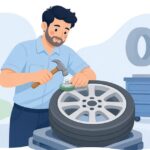 ウエイトハンマーでホイールにバランスウエイトを取り付ける様子をイメージしたイラスト