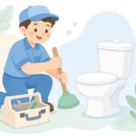 トイレのつまりを業者に相談する様子をイメージしたイラスト