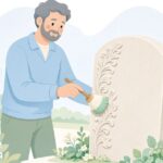 墓石の細部をブラシで清掃する様子をイメージしたイラスト