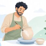 陶芸で陶画糊を素焼きに塗る様子をイメージしたイラスト