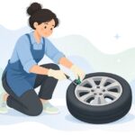 空気圧センサーのバルブを工具で交換する様子をイメージしたイラスト