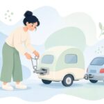 トレーラーのカプラーに安全ピンを差し込む様子をイメージしたイラスト