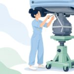 トランスミッションジャッキに固定ベルトを掛ける様子をイメージしたイラスト