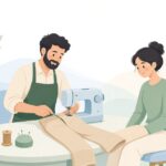 コードレスミシンでズボンの裾上げをする洋服お直しの様子をイメージしたイラスト