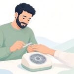 ネイル集塵機を使って施術する出張ネイリストの様子をイメージしたイラスト