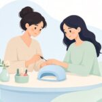 ネイルライトでジェルネイルを硬化させる出張ネイリストの様子をイメージしたイラスト