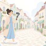 旅行先で歩きながら動画を撮る様子をイメージしたイラスト