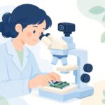 実体顕微鏡で小さな部品を観察する様子をイメージしたイラスト