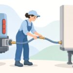 トラックのエアブレーキカプラーのシールを交換する様子をイメージしたイラスト