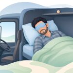アイマスクを着けてトラックの車内で仮眠する様子をイメージしたイラスト