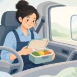 トラックの運転席で保温弁当箱を開けて休憩する様子をイメージしたイラスト