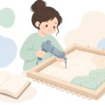 本を見ながらタフティングでラグを作る様子をイメージしたイラスト
