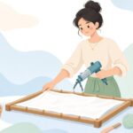 タフティング用の一次基布を枠に張る様子をイメージしたイラスト