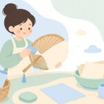 うちわ骨に紙を貼って手作りする様子をイメージしたイラスト