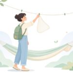 ハンモックのバグネットをクリップで吊る様子をイメージしたイラスト