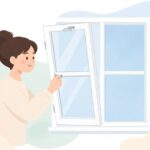 上げ下げ窓を傾けて掃除する様子をイメージしたイラスト