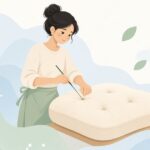 タフティングニードルでボタン留めをする様子をイメージしたイラスト