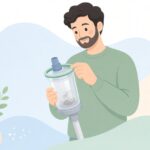 掃除機のダストカップにパッキンを取り付ける様子をイメージしたイラスト
