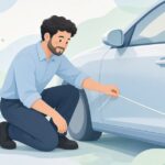 ナイフレステープを使って車にラッピングフィルムを施工する様子をイメージしたイラスト
