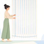 バーチカルブラインドにボトムチェーンを取り付ける様子をイメージしたイラスト