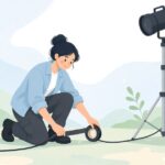 ガファーテープでケーブルを養生する屋外ロケの照明スタッフの様子をイメージしたイラスト