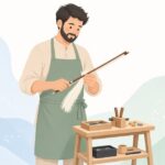 バイオリン弓の毛替え作業をする職人の様子をイメージしたイラスト