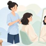 折りたたみ鏡を置いて出張カットをする訪問美容師をイメージしたイラスト