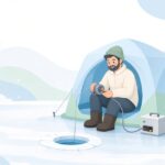 ワカサギ釣りで電動リールを外部電源ボックスにつなぐ様子をイメージしたイラスト