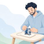 ワカサギ用電動リールにレッグプレートを取り付ける様子をイメージしたイラスト