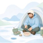 ワカサギ釣りでエサ切りバサミを使ってエサを切る様子をイメージしたイラスト