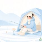 ワカサギ釣りでエサ皿ホルダーを使う様子をイメージしたイラスト