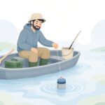 魚探の振動子フロートを使う様子をイメージしたイラスト