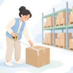 倉庫で入荷した荷物の外寸をメジャーで測る様子をイメージしたイラスト