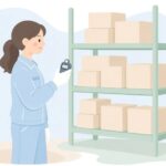 倉庫で数取器を使って棚卸しをする様子をイメージしたイラスト