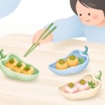 割山椒の向付に料理を盛り付けた食卓をイメージしたイラスト