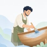 ラミネートブラシで和船の船体に樹脂を塗る職人の様子をイメージしたイラスト